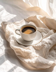 X&iacute;cara de caf&eacute; preto sobre len&ccedil;ol claro com luz suave da manh&atilde;