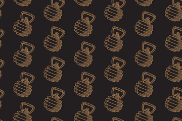 Kettlebell line art seamless pattern on black background. Kettlebell engraving doodle pattern background. Training iron ball hatching motif wallpaper. Fitness, gym, weightlifting merchandise