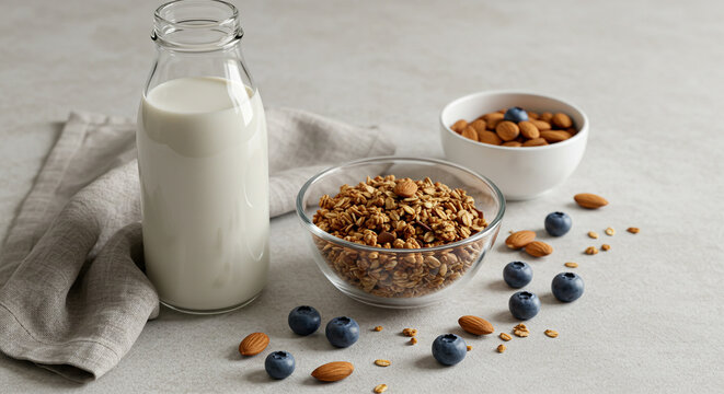 Garrafa de leite com granola, mirtilos e am&ecirc;ndoas sobre fundo claro