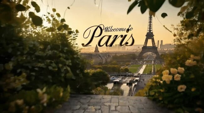 Welcome to Paris sign: Eiffel Tower Framed by Lush Greenery