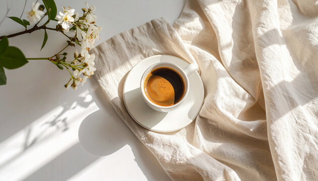 Caf&eacute; espresso em x&iacute;cara branca com fundo de linho e luz natural