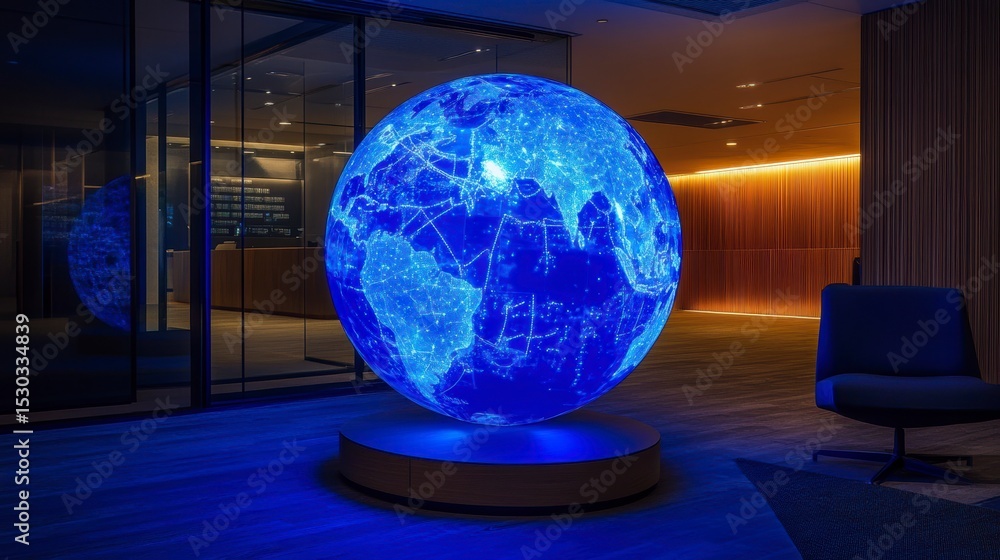Poster illuminated global network sphere in modern lobby.