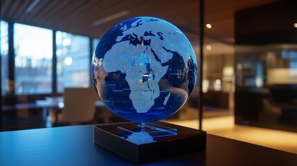Glass globe levitating on a dark base in a modern office.