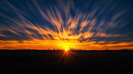Captivating Sunset Over City Skyline with Dramatic Cloud Patterns