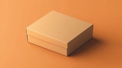 A simple, closed, light brown cardboard box on an orange background.