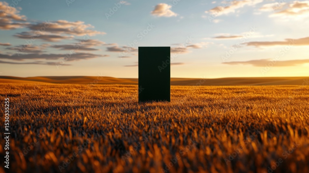 Poster a tall dark structure rises in the center of a golden field at sunset. the sky is filled with soft c
