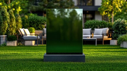 A contemporary sculpture stands in a serene garden, featuring a reflective design. The space is adorned with green foliage, comfortable seating, and a peaceful atmosphere ideal for relaxation.