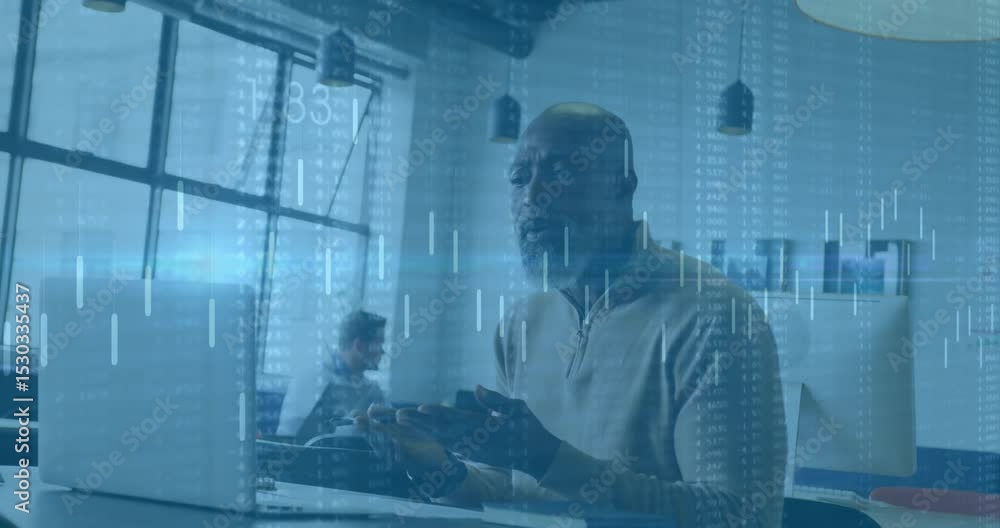 Poster smartphone tapping activating tech data overlay while man gesturing at laptop noting insights