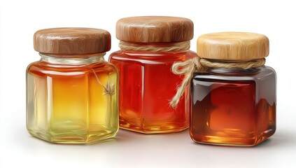 Three glass honey jars, various colors, wooden lids