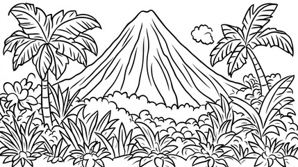 Black and white illustration of a volcano and tropical plants.