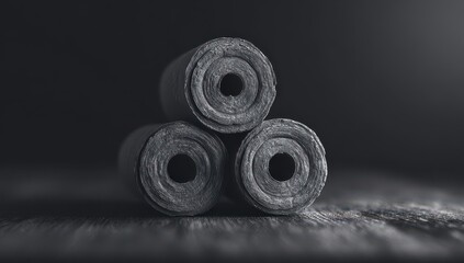 Three dark gray cylindrical rolls stacked, focused on their center