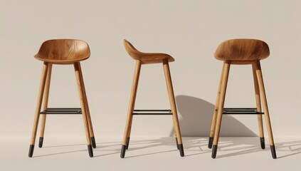 Three light-brown wooden bar stools, side views
