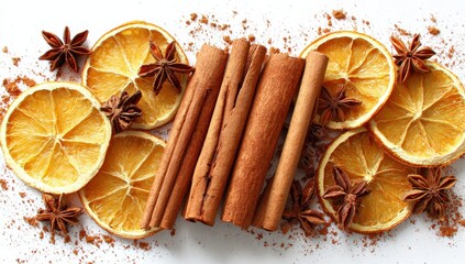 Dried orange slices, cinnamon sticks, and star anise on white background
