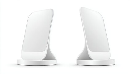 Two white, curved, stand-mounted display panels