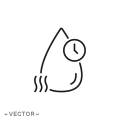 drying time icon, water drop with clock, wet cleaning concept, thin line symbol isolated on white background, editable stroke eps 10 vector illustration