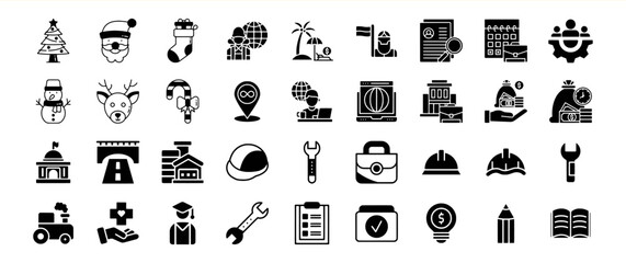 A diverse collection of icons depicting various concepts, including Christmas, travel, work, construction, and finance.