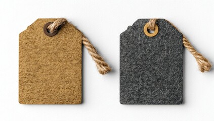 Two blank textured tags, beige and gray, with twine loops
