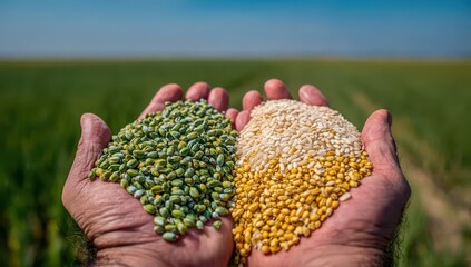 Two hands hold different grains against a field