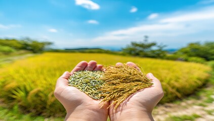 Hands holding rice grains, golden rice field