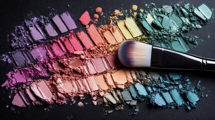 Colorful eyeshadow palette swatches with makeup brush on black background.