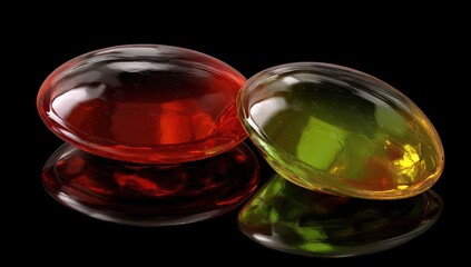 Two colorful, translucent, oval-shaped candies