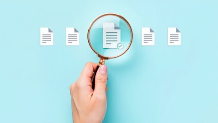 Hand holding magnifying glass over document with check mark on blue background