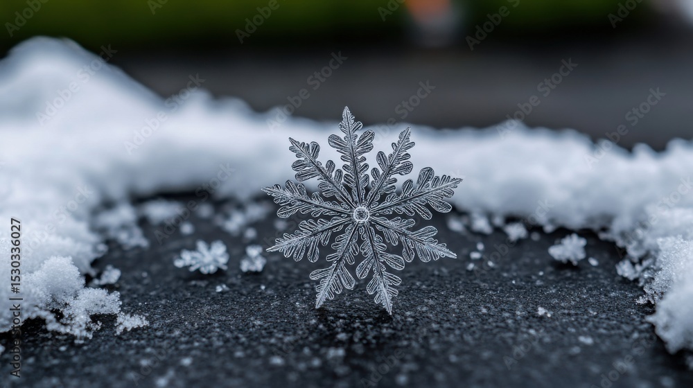 Poster a delicate snowflake sits prominently on a dark surface, surrounded by a thin layer of fresh snow. t