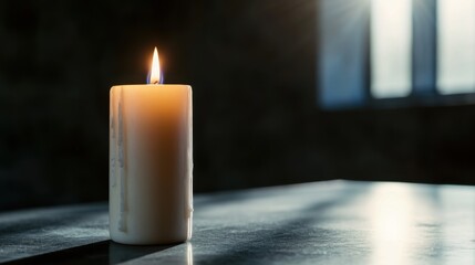 A single candle burns steadily on a dark surface, casting a soft glow in a dim room. The warm light contrasts with the surrounding shadows, creating a cozy atmosphere.