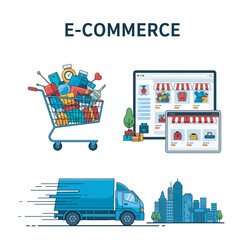 Vector illustration depicting the e-commerce process, featuring a full shopping cart, online store interfaces, and a delivery truck heading to a cityscape. Ideal for online shopping and logistics them