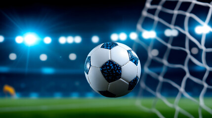 A soccer ball flying into the goal net under bright stadium lights during a nighttime match.