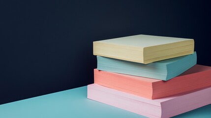 Stack of pastel colored sticky notes on a blue surface against a dark background.