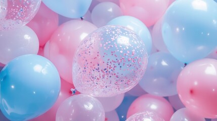 Pastel pink and blue balloons with confetti, celebratory background.