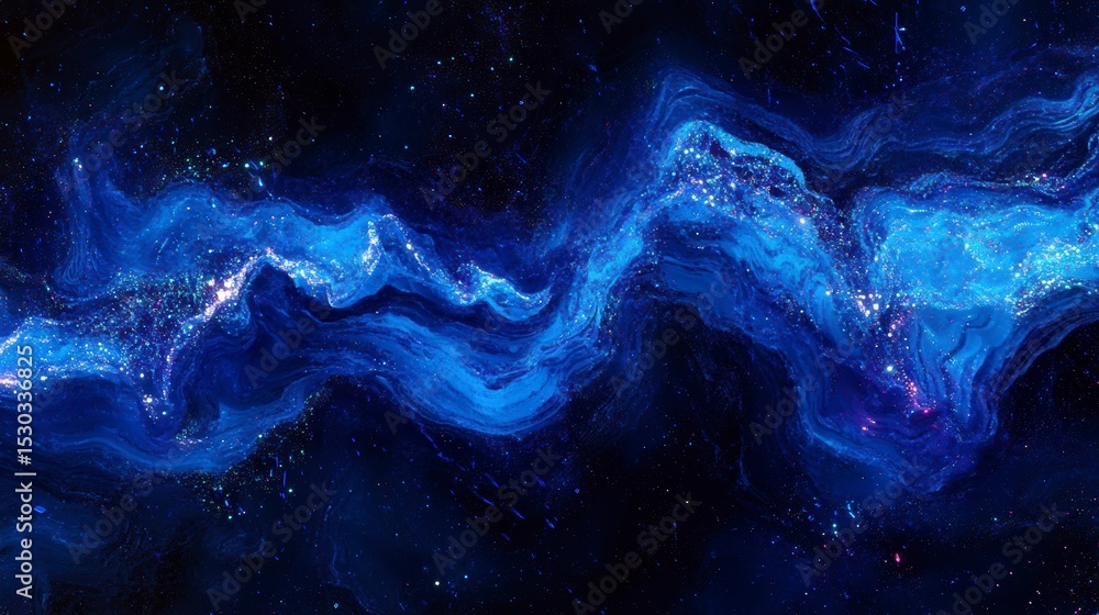 Wall mural abstract blue glowing nebula-like swirls and glitter on dark background.