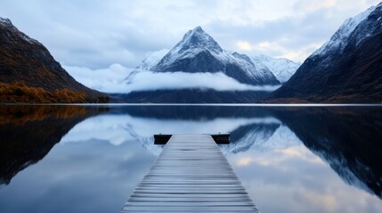 A tranquil lake reflects towering snow-capped mountains in the early morning light. A wooden pier extends into the water, framed by colorful autumn trees along the shore.