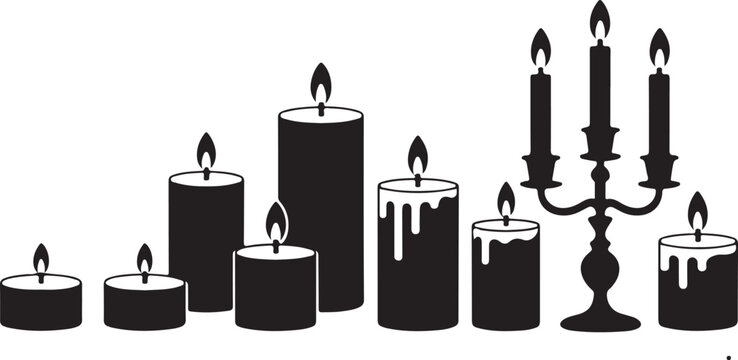 Melting candle vector silhouettes with wax pools and classic candelabra for warm, moody design accents