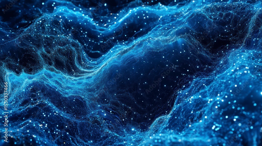 Poster abstract blue digital wave background with glowing particles.