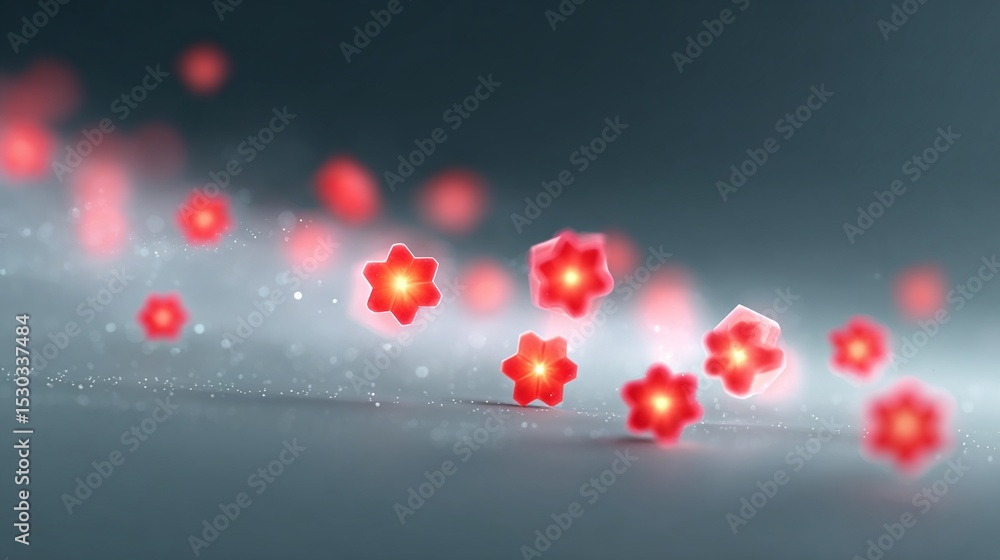 Poster glowing red flowers and dark hexagon pattern abstract background
