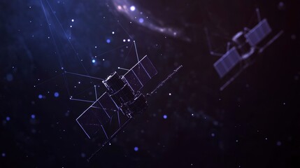 Two satellites orbiting Earth, surrounded by glowing particles and constellations.