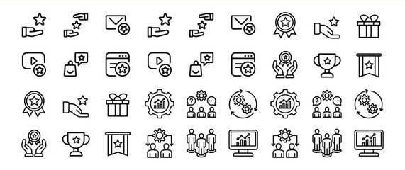 A comprehensive collection of line icons representing awards, achievements, feedback, teamwork, and progress, perfect for websites, applications, or presentations.