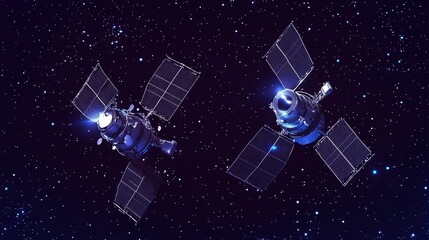 Two satellites orbiting Earth against a starry backdrop.