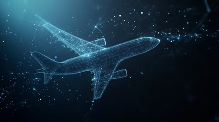 Abstract polygonal airplane in flight, dark blue background.