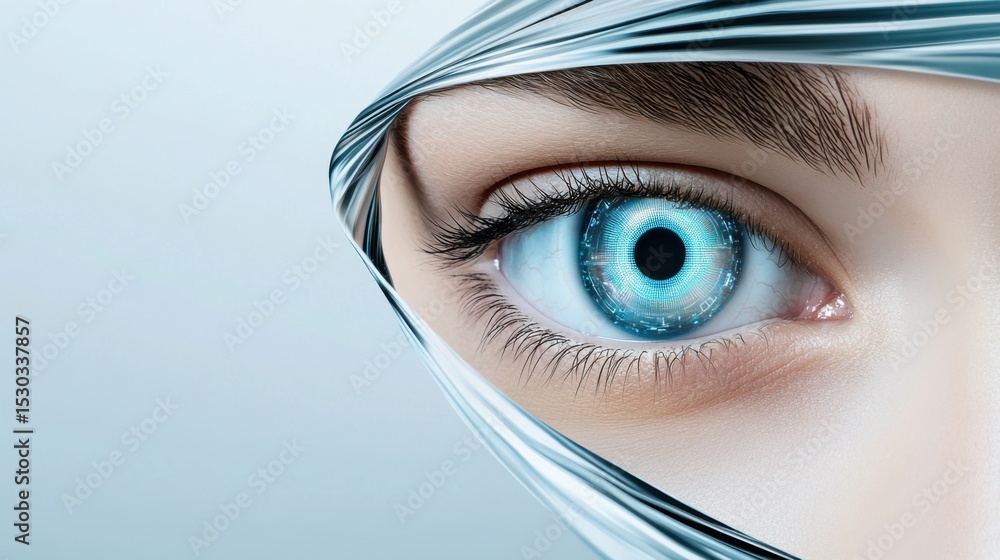 Poster a close-up of a striking eye displaying high-tech features and intricate digital patterns, symbolizi