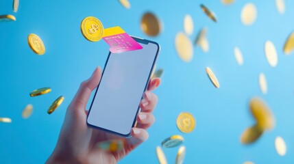 Hand holding smartphone with digital credit card and cryptocurrency coins falling.
