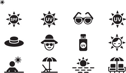 Stylized SPF and sun protection icon collection for web and mobile UI with UV shields, summer gear, and skincare symbols