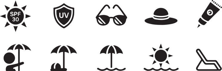 Clean minimalist SPF and UV safety icons including lotion, shield, sun hats, and sunglasses for summer protection vector design