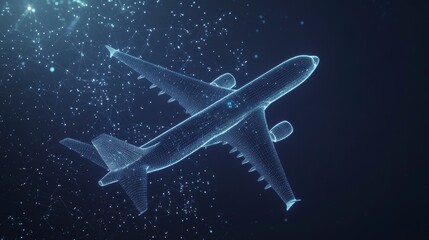 Futuristic digital airplane design, wireframe model of aircraft in dark blue space with glowing particles.
