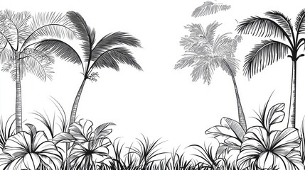 Tropical foliage illustration in black and white.