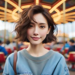 Cheerful Young Woman at Amusement Park in Joyful Expression and Carefree Moment with Generative AI.