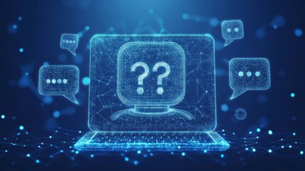 Digital laptop with question marks and chat bubbles, representing online queries and communication.