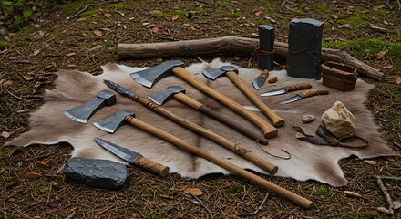 Collection of Ancient Handcrafted Axes and Blades Displayed on Animal Hide